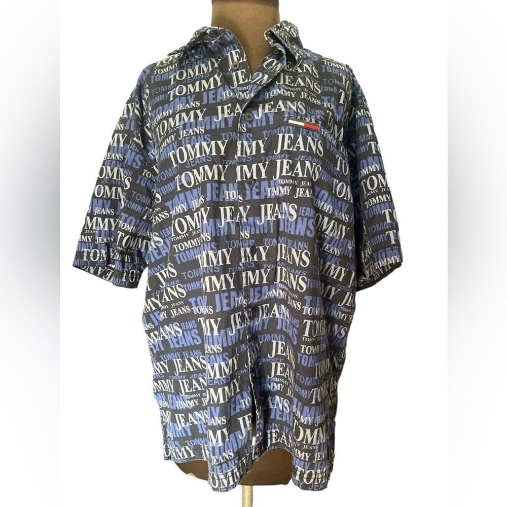 Vtg Y2K 90s Tommy Hilfiger Spellout Printed Relaxed Fit Button Front Shirt M